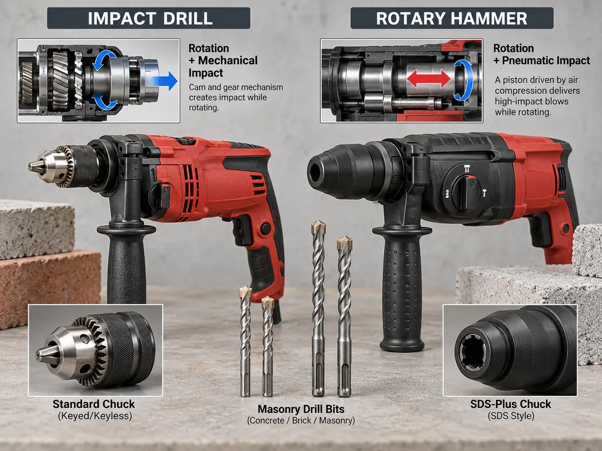 Impact Drill vs Rotary Hammer untuk Beton dan Tembok 1 Impact drill dan rotary hammer dengan sistem chuck yang berbeda