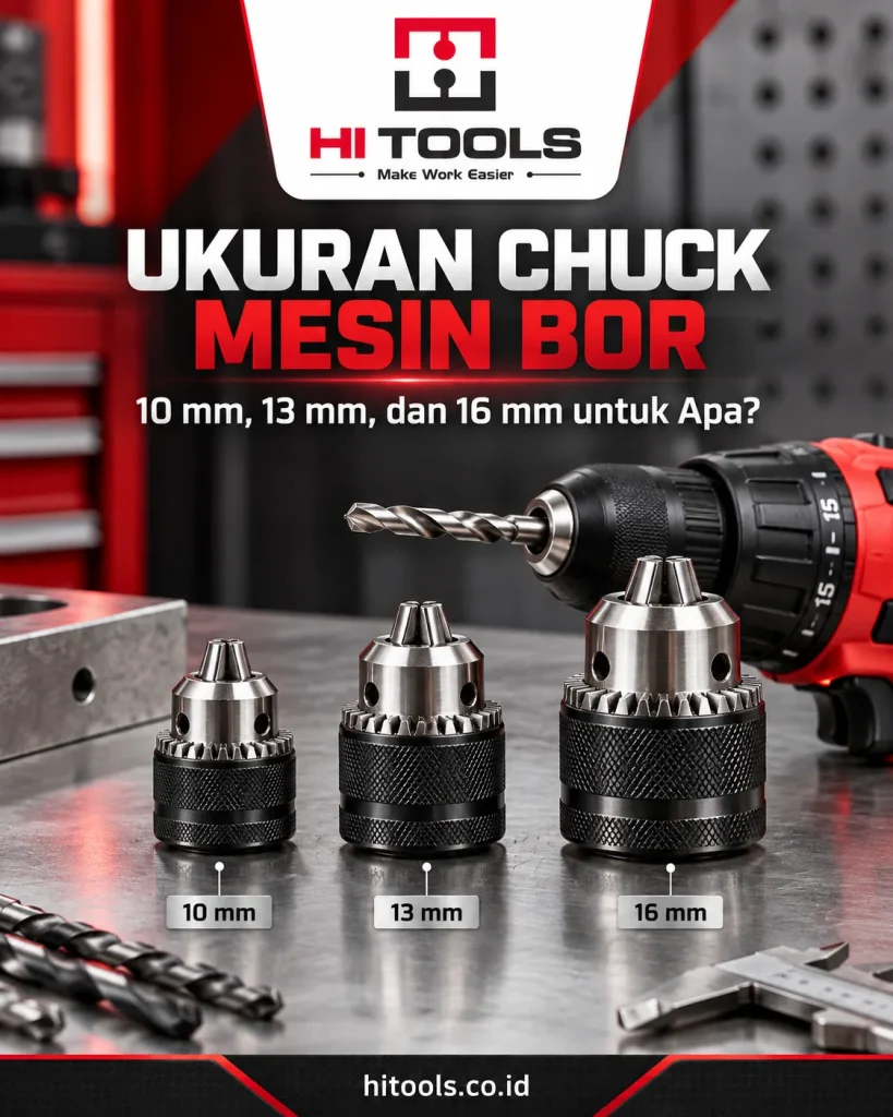 Perbandingan ukuran chuck mesin bor 10mm, 13mm, dan 16mm untuk memahami kapasitas dan aplikasi kerja